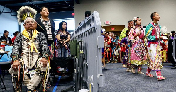 Elders watch as young dancers enter the arena at the 21st Annual Santa Rosa gathering, known as the Pow Wow.